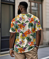 Men's Plus Size Hawaiian Orange Vintage Floral Print Henry Collar Button Short Sleeve Tee